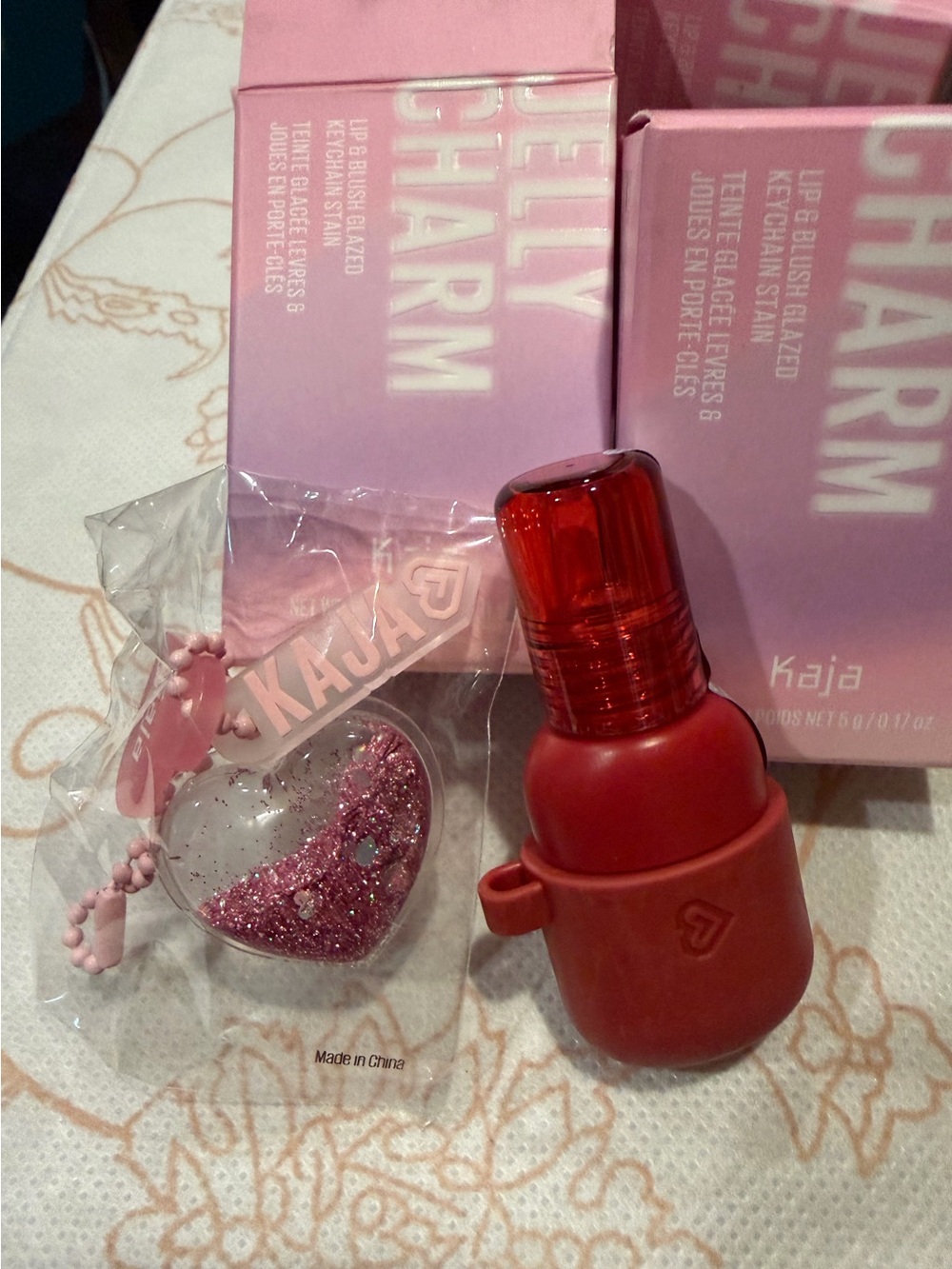 Kaja Red Blush - Lip Oil with Pink Glitter Heart Charm Squeeze Guava